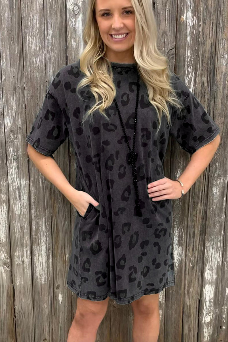 Vintage Washed Leopard T-Shirt Dress with Pockets - KaleaBoutique.com