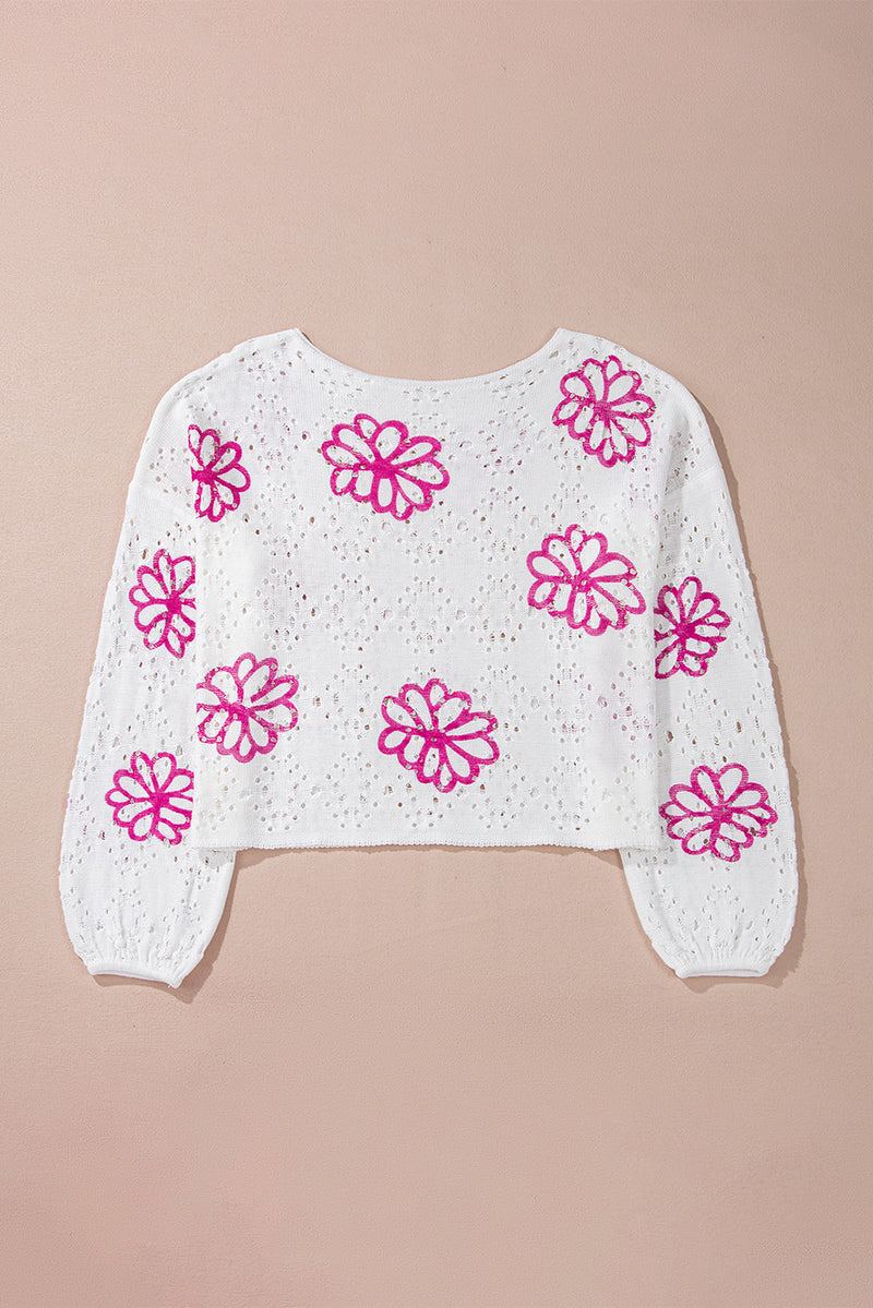 KaleaBoutique Contrast Flower Print Eyelet Drop Shoulder Sweater - KaleaBoutique.com