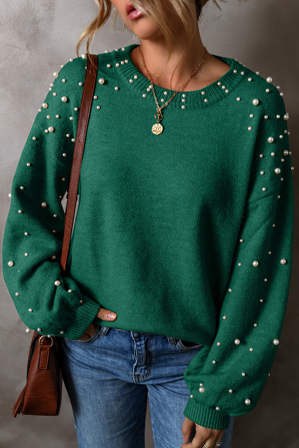 KaleaBoutique Pearled Drop Shoulder Round Neck Sweater - KaleaBoutique.com