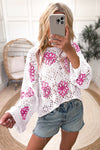 KaleaBoutique Contrast Flower Print Eyelet Drop Shoulder Sweater - KaleaBoutique.com