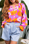 KaleaBoutique Floral Print Flounce Sleeve Notched Neck Blouse - KaleaBoutique.com