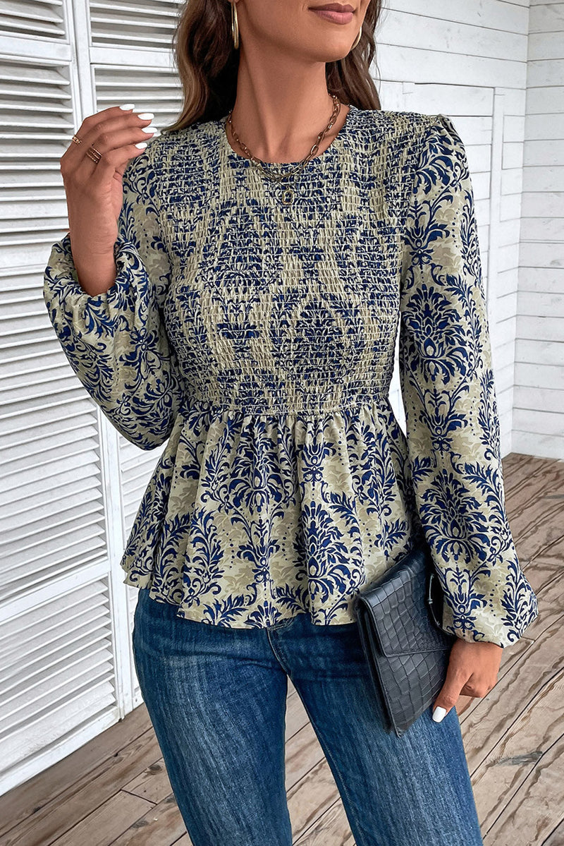 KaleaBoutique Boho Printed Balloon Sleeve Smocked Peplum Blouse - KaleaBoutique.com