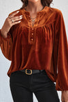 KaleaBoutique Lantern Sleeve Beaded Split V Neck Velvet Top - KaleaBoutique.com