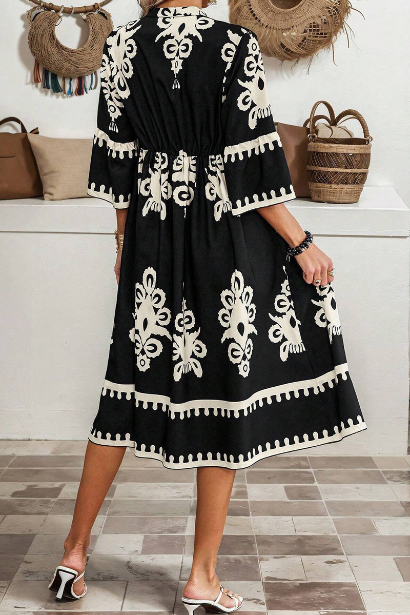 KaleaBoutique Western Geometric Print 3/4 Sleeve Loose Midi Dress - KaleaBoutique.com