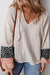 KaleaBoutique Floral Patchwork Textured Knit Drawstring V Neck Blouse - KaleaBoutique.com