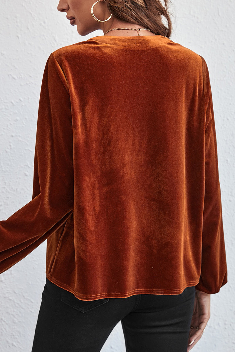 KaleaBoutique Lantern Sleeve Beaded Split V Neck Velvet Top - KaleaBoutique.com