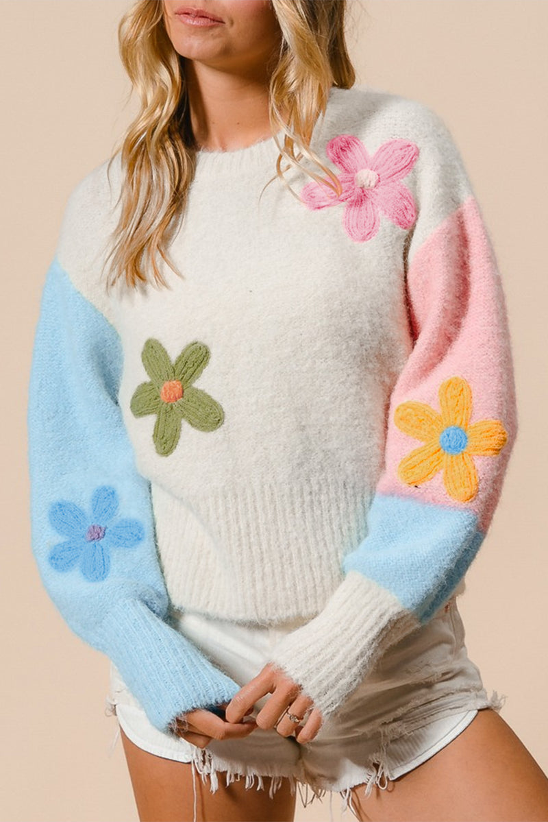 KaleaBoutique Floral Embroidered Colorblock Fuzzy Drop Shoulder Sweater - KaleaBoutique.com