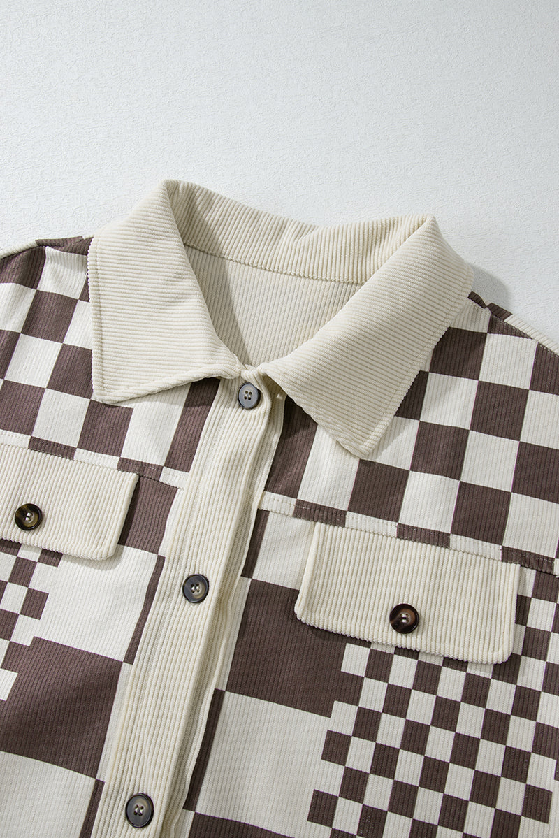 KaleaBoutique Checkered Print Patchwork Corduroy Shacket - KaleaBoutique.com