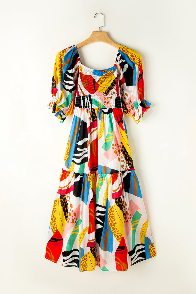 KaleaBoutique Square Neck Smocked Abstract Print Boho Maxi Dress - KaleaBoutique.com