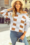 KaleaBoutique Checkered Ribbed Edge O Neck Drop Shoulder Sweater - KaleaBoutique.com