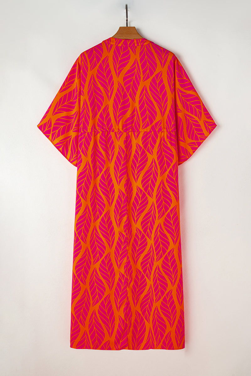 KaleaBoutique Leafy Print 3/4 Sleeve V Neck Buttoned Split Maxi Dress - KaleaBoutique.com