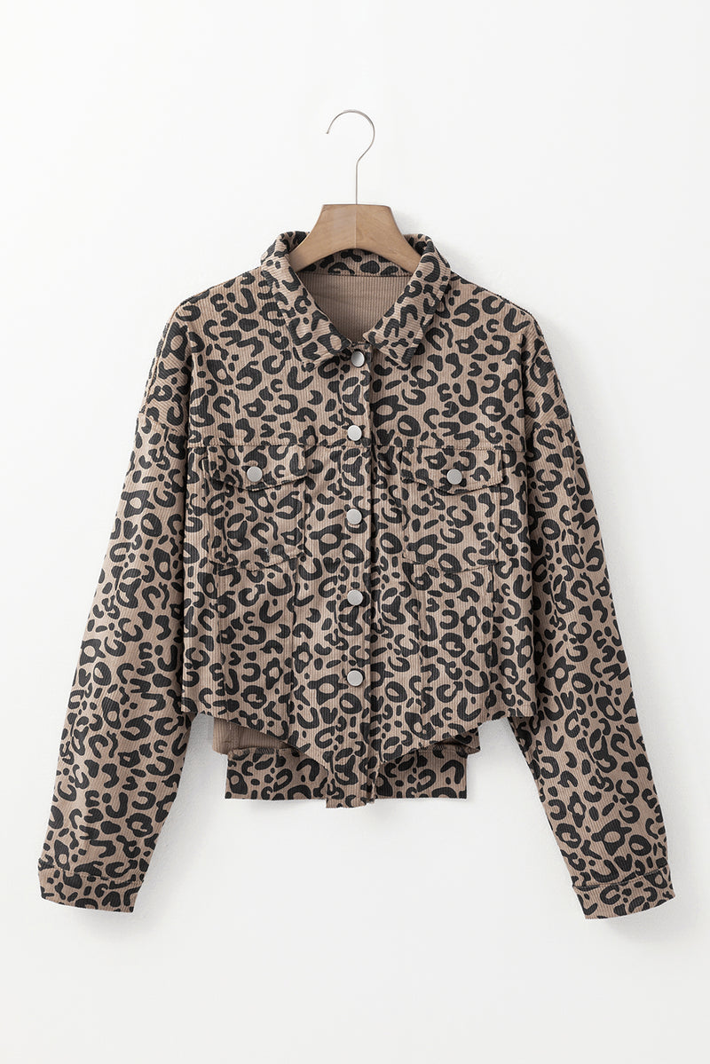 KaleaBoutique Leopard Print Corduroy Irregular Hem Buttoned Jacket - KaleaBoutique.com