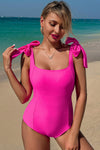 KaleaBoutique Stylish Square Neck Knotted Shoulder Open Back One Piece Swimsuit - KaleaBoutique.com