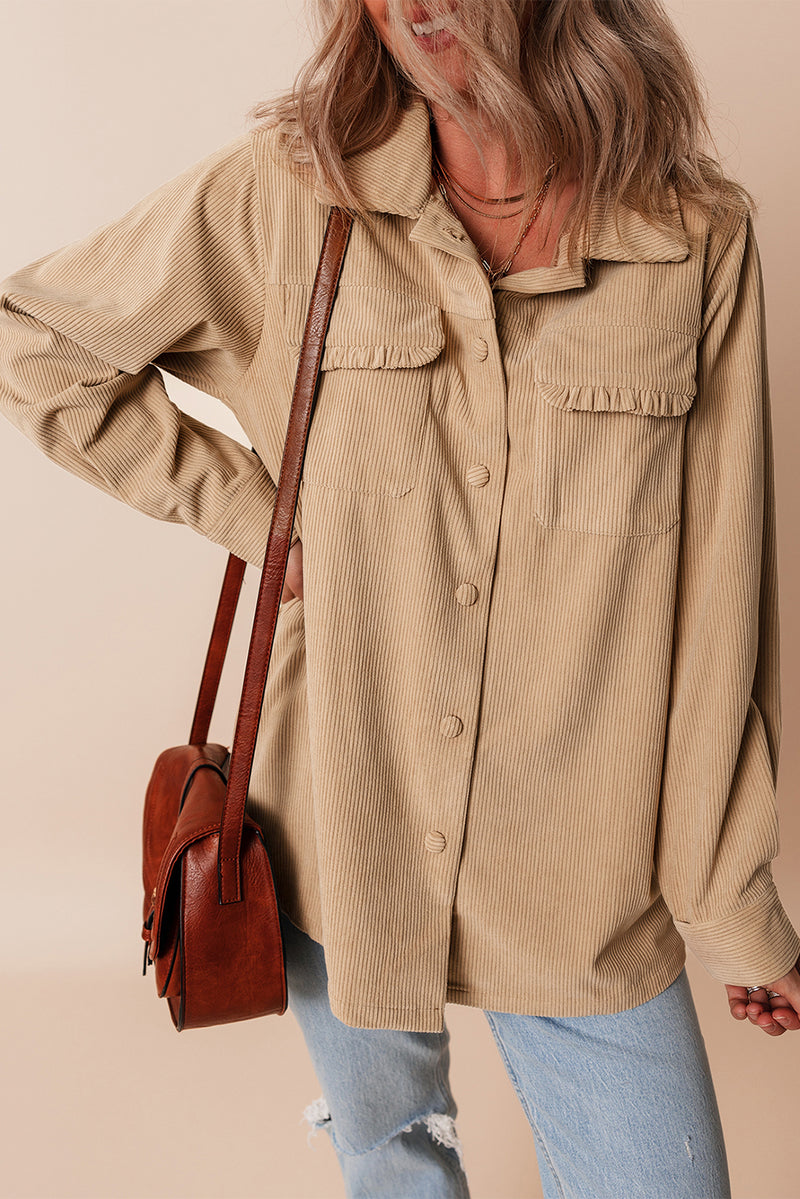 KaleaBoutique Solid Frilled Flap Pocket Button Up Corduroy Shacket - KaleaBoutique.com