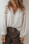 KaleaBoutique Floral Lace Patchwork Puff Sleeve Tied V Neck Blouse - KaleaBoutique.com