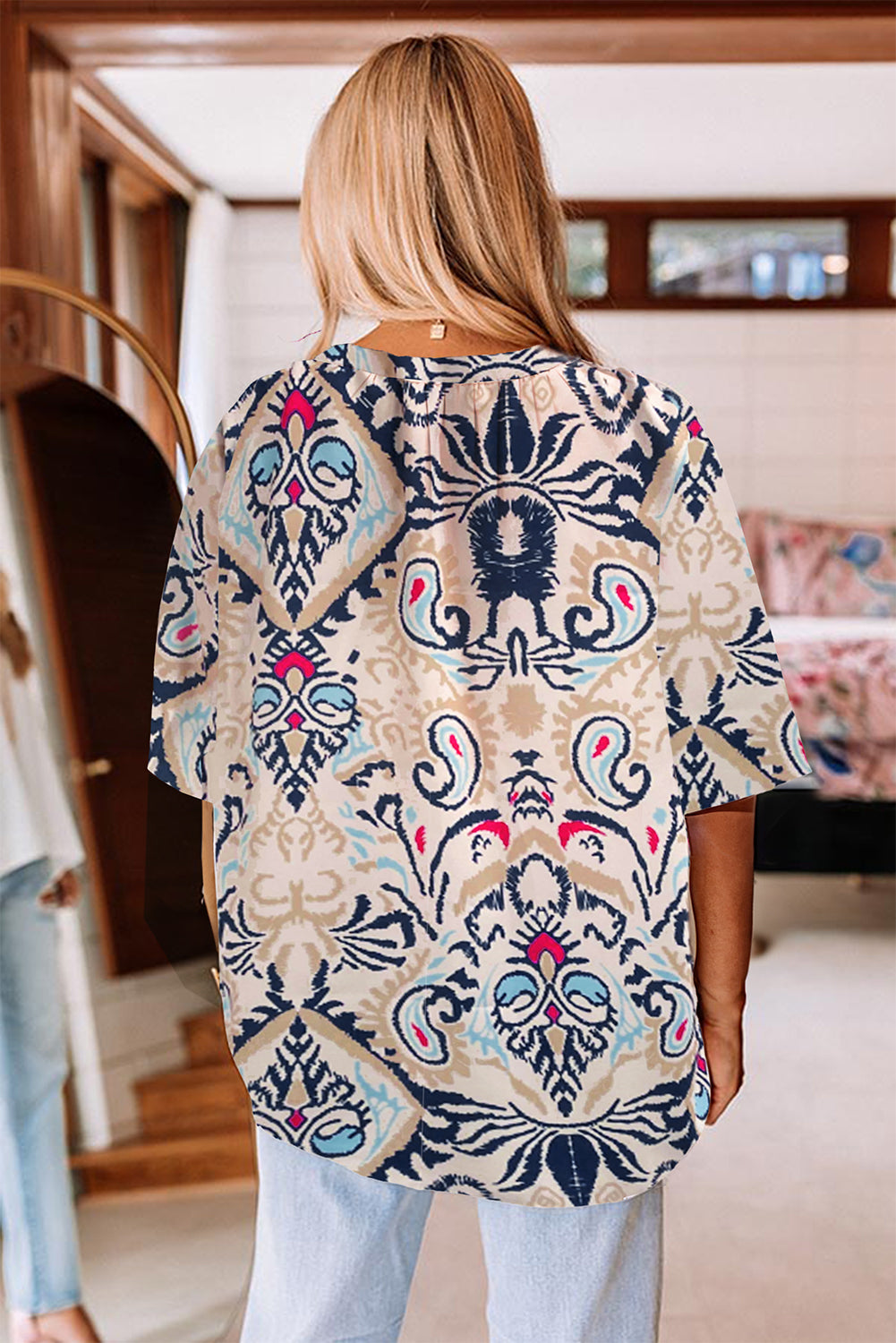 KaleaBoutique Abstract Printed Notched V Neck Split Half Sleeve Blouse - KaleaBoutique.com