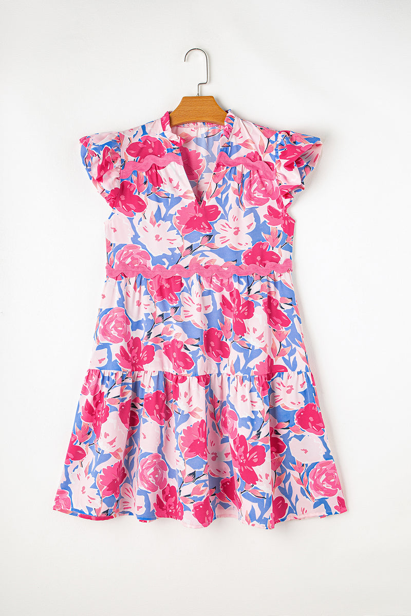 KaleaBoutique Floral Printed V Notched Ric Rac Flutter Sleeve Dress - KaleaBoutique.com