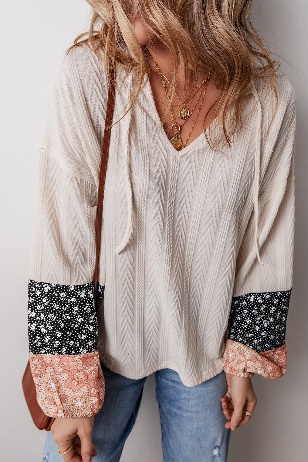 KaleaBoutique Floral Patchwork Textured Knit Drawstring V Neck Blouse - KaleaBoutique.com