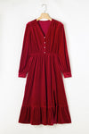 KaleaBoutique Velvet Buttoned Puff Sleeve V Neck Split Midi Dress - KaleaBoutique.com