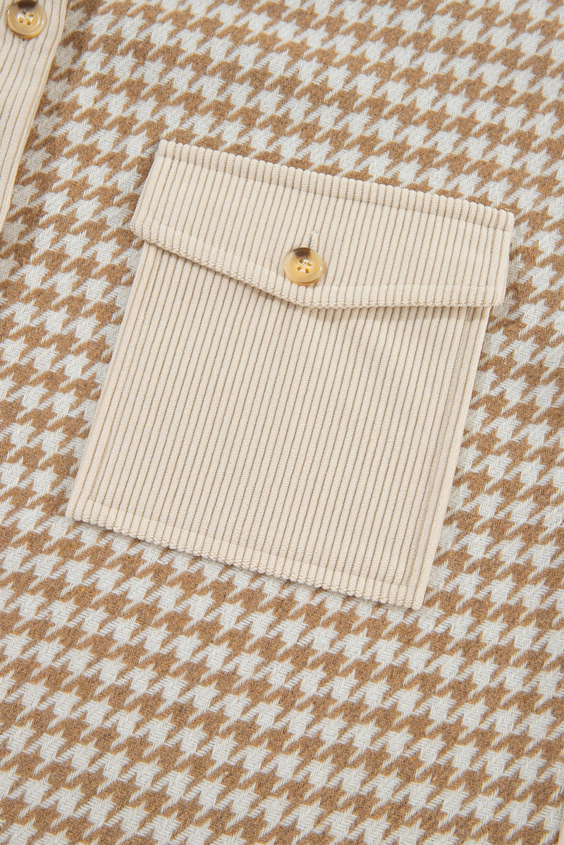 KaleaBoutique Houndstooth Corduroy Patchwork Flap Pocket Shacket - KaleaBoutique.com