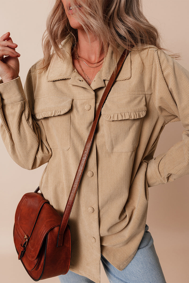 KaleaBoutique Solid Frilled Flap Pocket Button Up Corduroy Shacket - KaleaBoutique.com