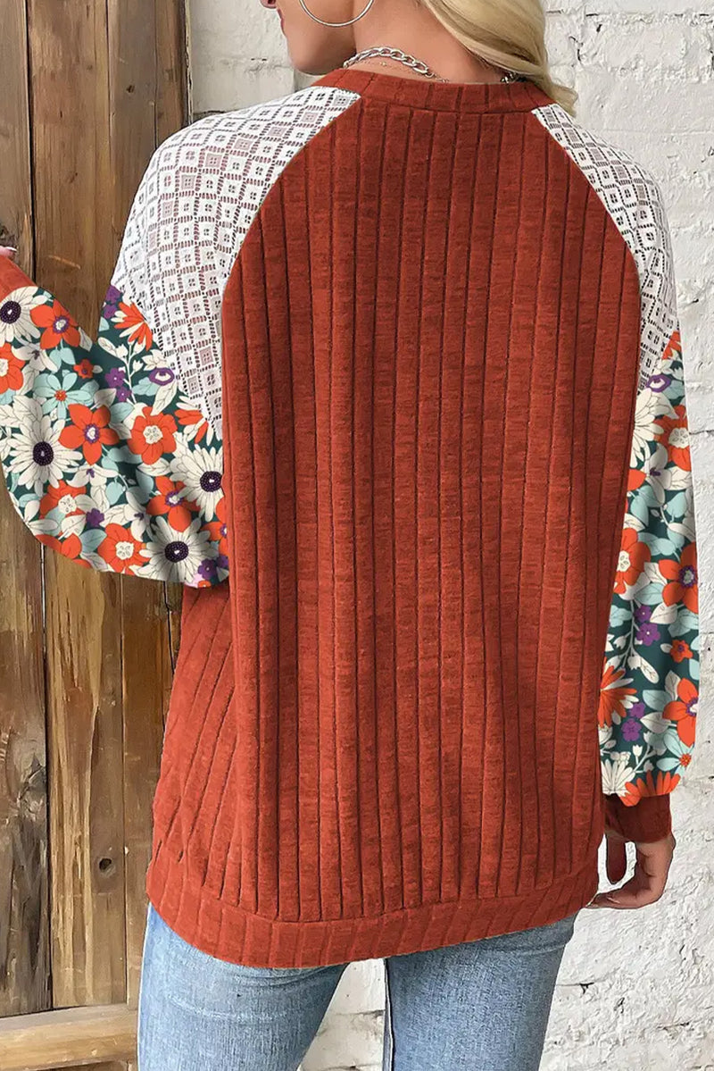 KaleaBoutique Floral Patchwork Long Sleeve Ribbed Blouse - KaleaBoutique.com