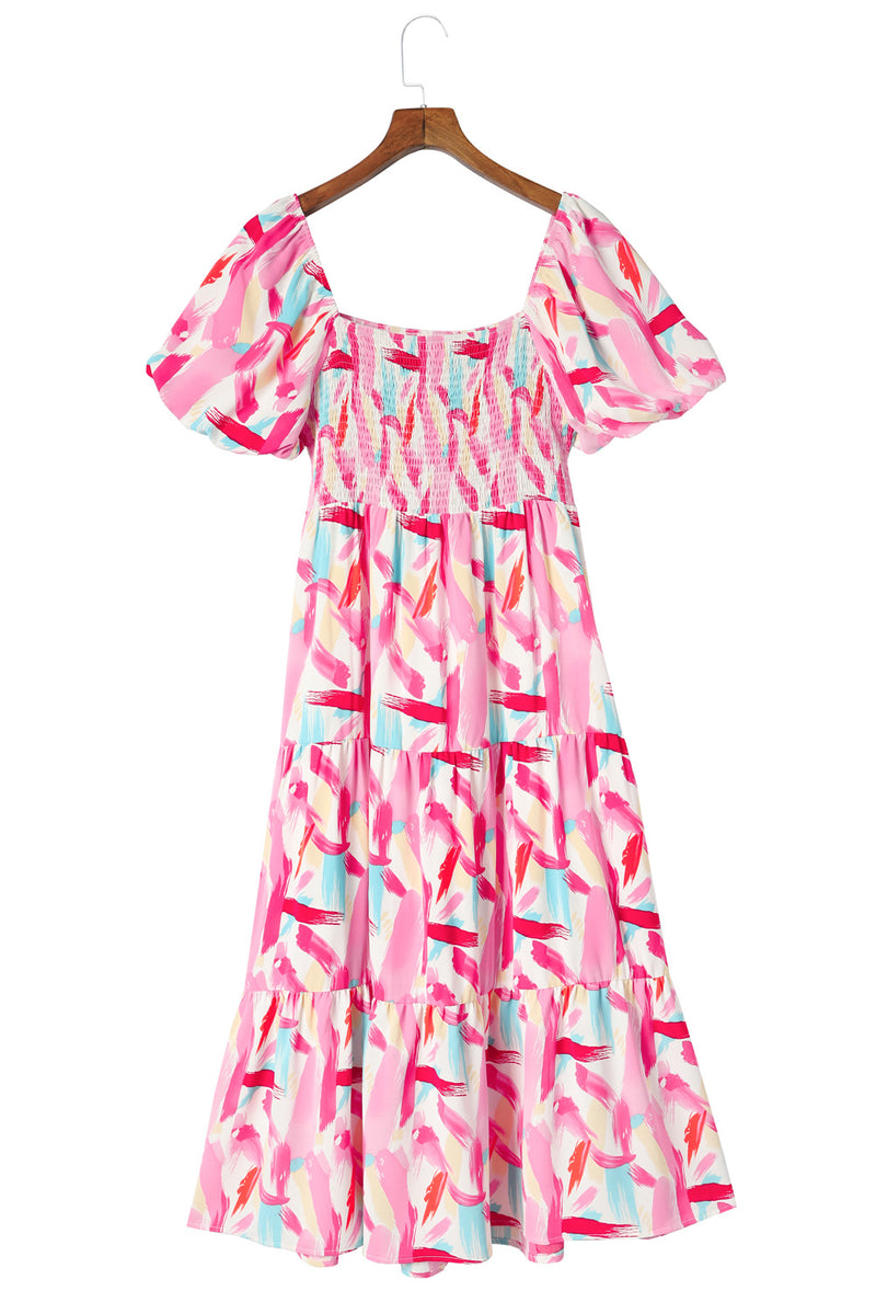 KaleaBoutique Brush Stroke Printed Smocked Ruffle Tiered Dress - KaleaBoutique.com