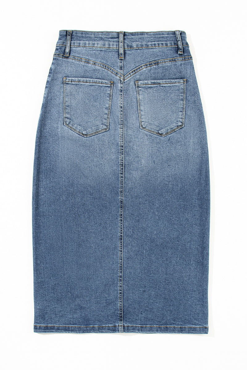 KaleaBoutique 4 Patch Pockets Front Slit Midi Denim Skirt - KaleaBoutique.com