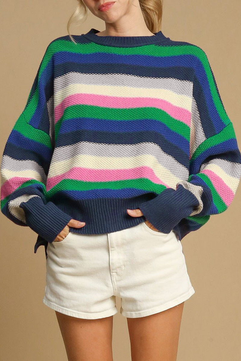 KaleaBoutique Rainbow Striped Crew Neck Drop Shoulder Sweater - KaleaBoutique.com