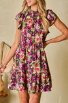 KaleaBoutique Floral Print Ruched Flutter Sleeve Frilled Neck Mini Dress - KaleaBoutique.com