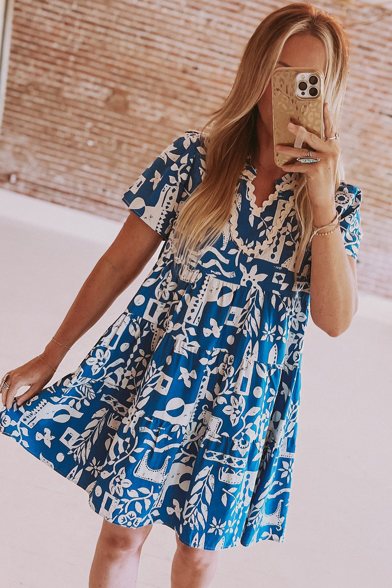 KaleaBoutique Ricrac Trim Split Neck Floral Loose Dress - KaleaBoutique.com