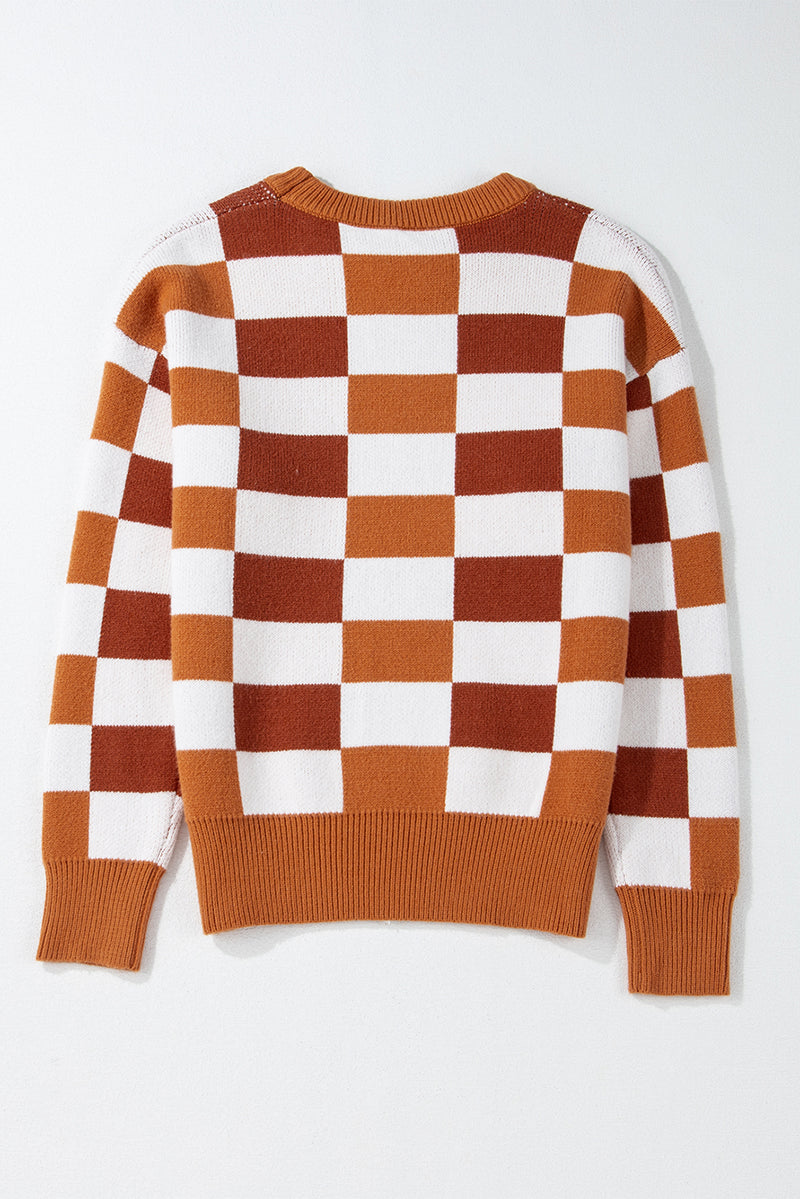 KaleaBoutique Checkered Ribbed Edge O Neck Drop Shoulder Sweater - KaleaBoutique.com