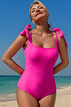 KaleaBoutique Stylish Square Neck Knotted Shoulder Open Back One Piece Swimsuit - KaleaBoutique.com