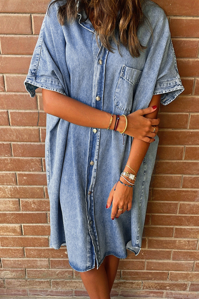 KaleaBoutique Loose Medium Wash Short Sleeve Shirt Chambray Dress - KaleaBoutique.com