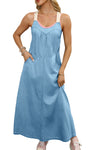 KaleaBoutique Contrast Straps Pocketed Long Chambray Dress - KaleaBoutique.com