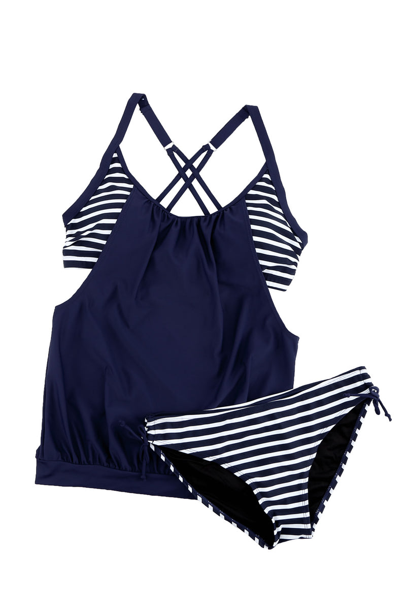 KaleaBoutique Stylish Navy Layered-Style Striped Tankini with Triangular Briefs - KaleaBoutique.com