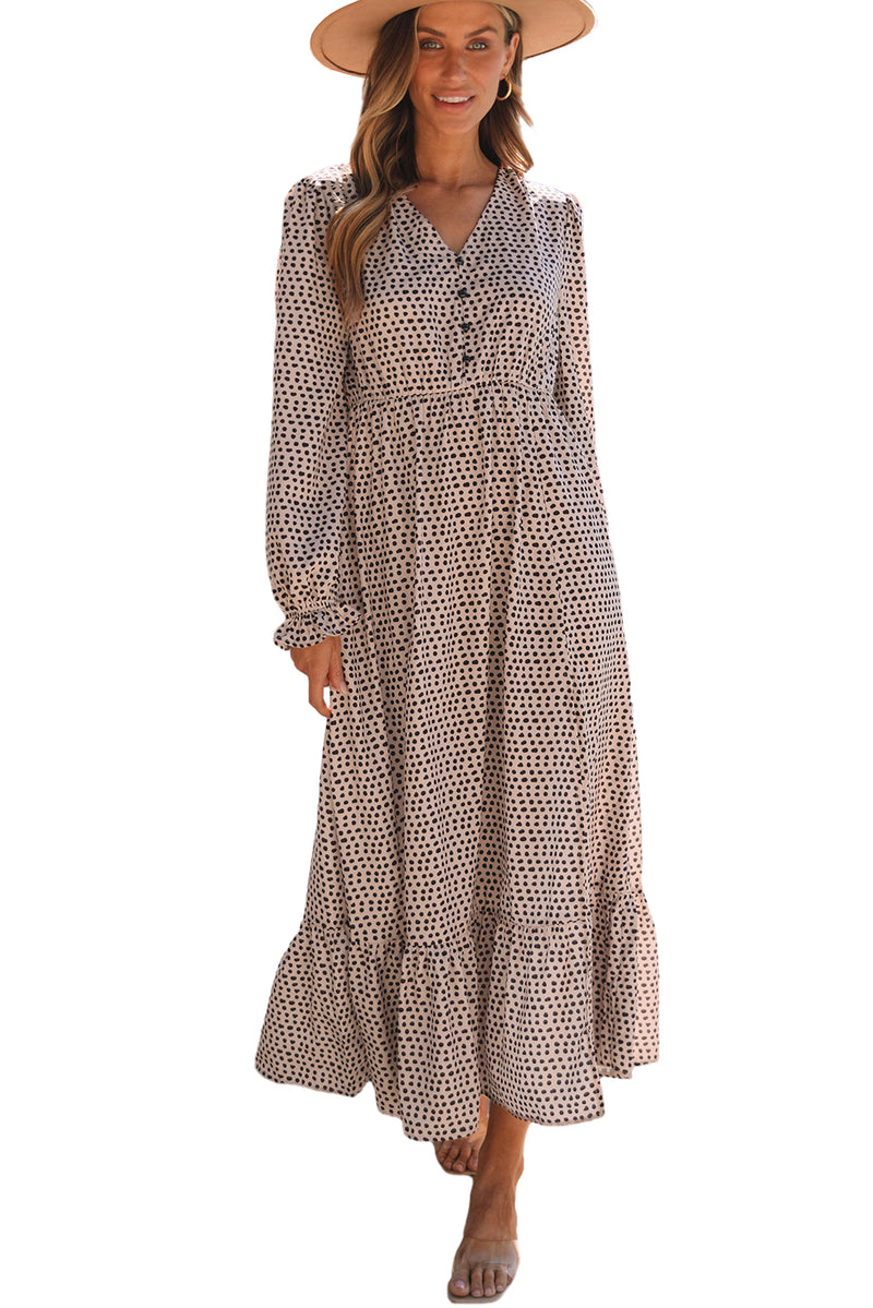 KaleaBoutique Dotty Print Button V Neck Long Sleeve Ruffled Dress - KaleaBoutique.com