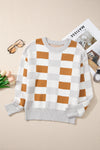 KaleaBoutique Checkered Ribbed Edge O Neck Drop Shoulder Sweater - KaleaBoutique.com