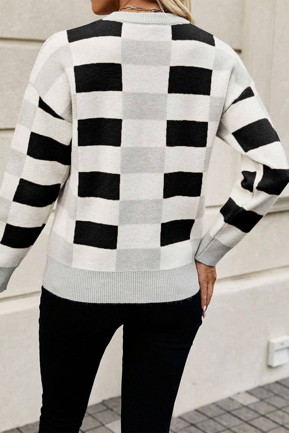 KaleaBoutique Checkered Ribbed Edge O Neck Drop Shoulder Sweater - KaleaBoutique.com