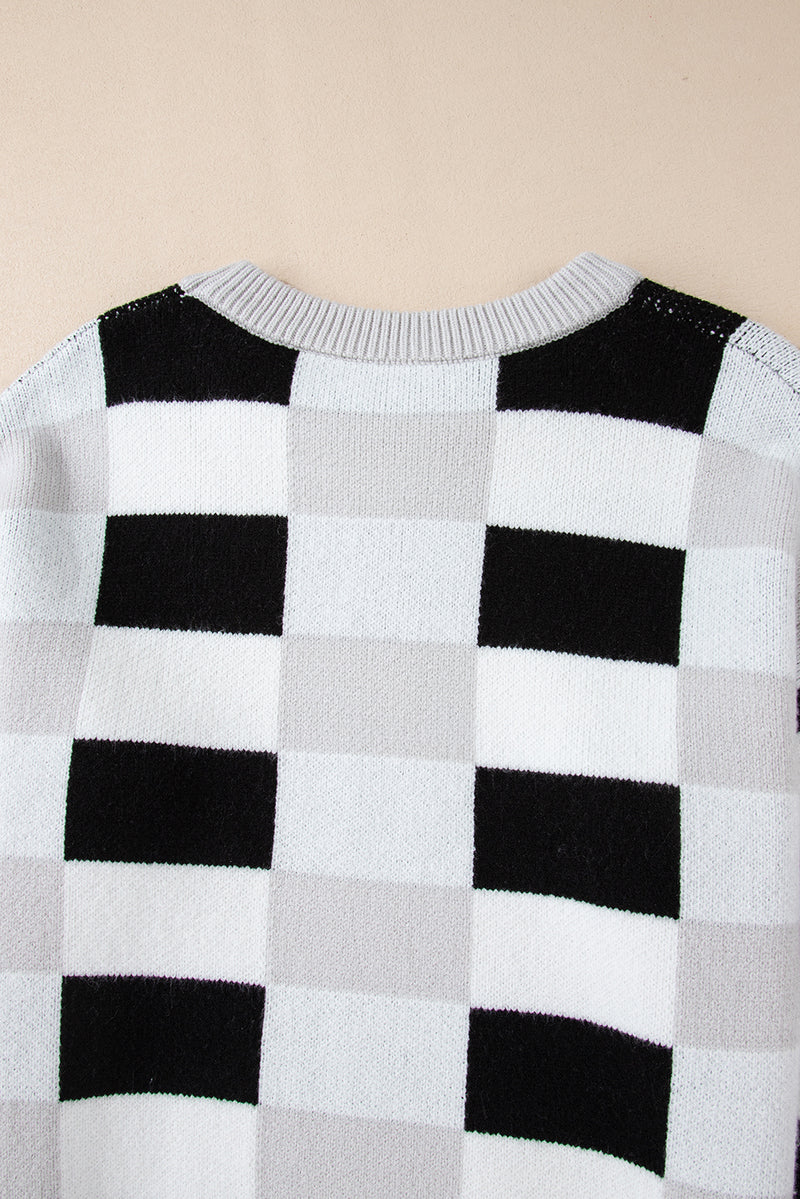 KaleaBoutique Checkered Ribbed Edge O Neck Drop Shoulder Sweater - KaleaBoutique.com