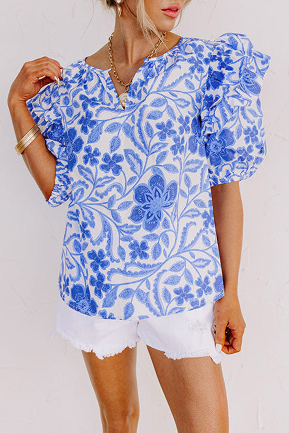 KaleaBoutique Floral Print Ruffled Bubble Sleeve Blouse - KaleaBoutique.com