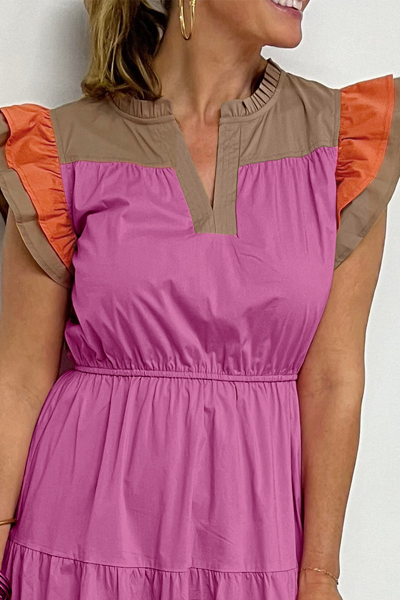 KaleaBoutique Color Block Tiered Notched Neck Ruffle Sleeve Dress - KaleaBoutique.com