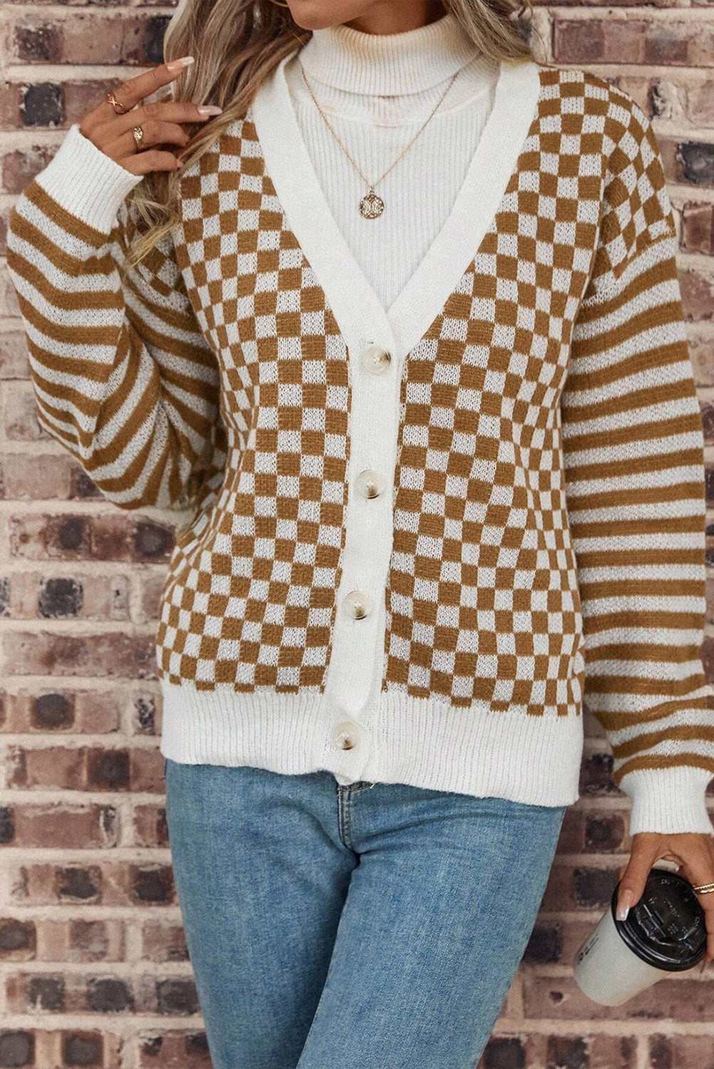 Checkered Striped Patched Buttoned V Neck Cardigan - KaleaBoutique.com