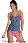 KaleaBoutique Stylish Comfortable Grey Layered-Style Striped Tankini with Triangular Briefs - KaleaBoutique.com