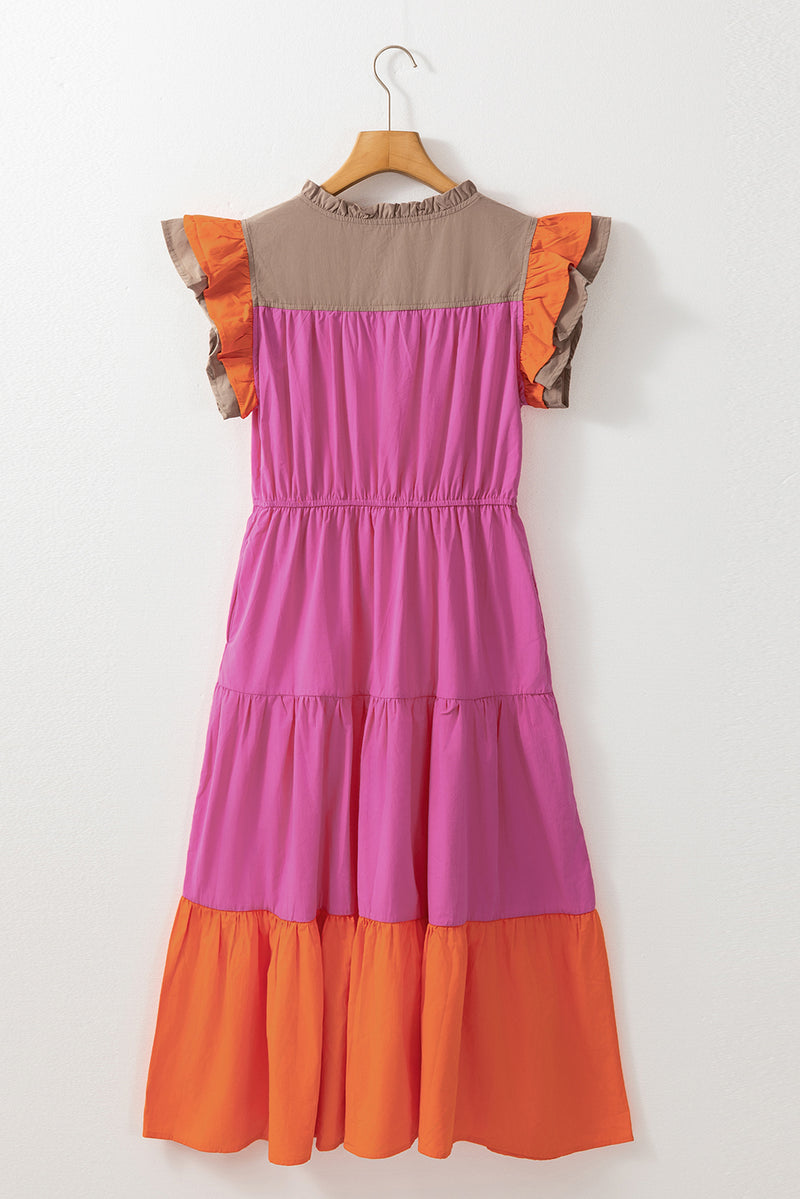 KaleaBoutique Color Block Tiered Notched Neck Ruffle Sleeve Dress - KaleaBoutique.com