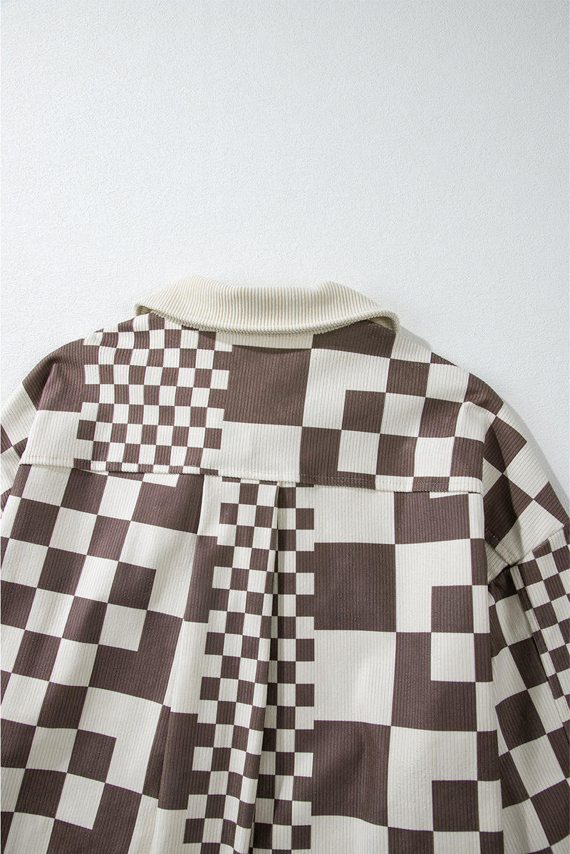 KaleaBoutique Checkered Print Patchwork Corduroy Shacket - KaleaBoutique.com