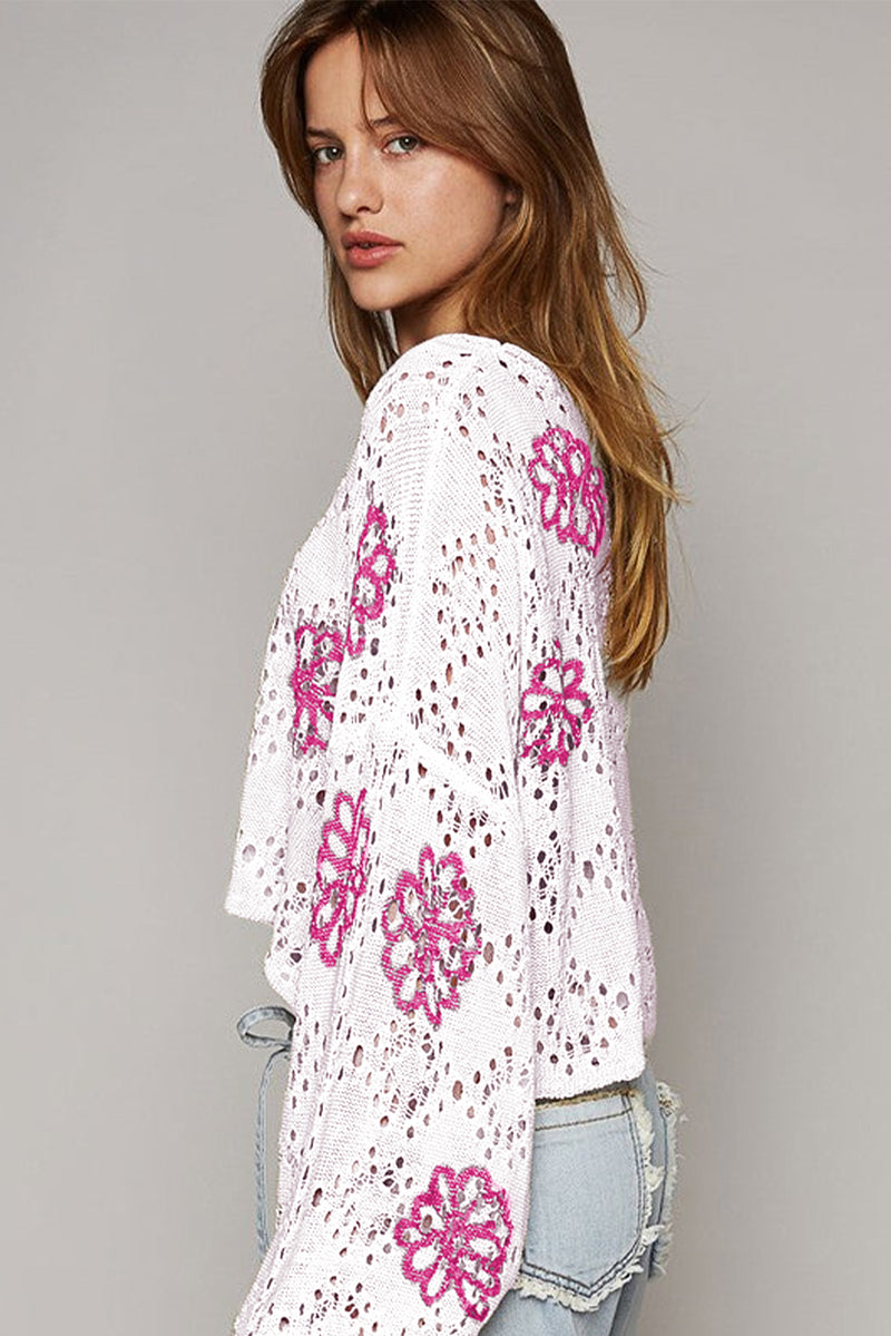 KaleaBoutique Contrast Flower Print Eyelet Drop Shoulder Sweater - KaleaBoutique.com