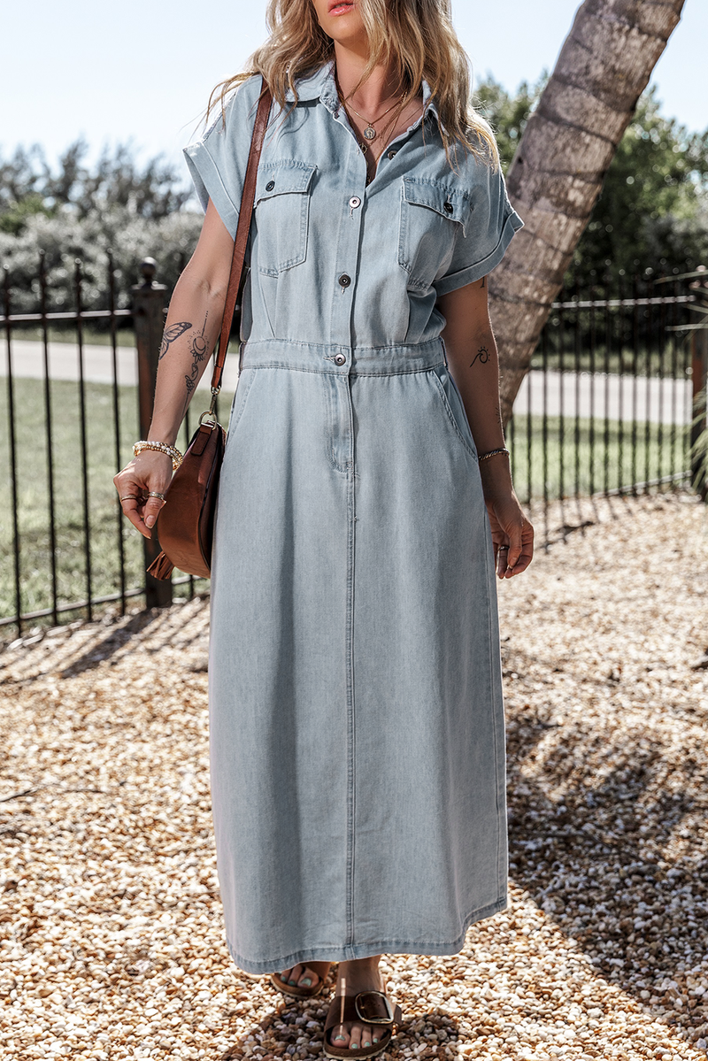 KaleaBoutique Short Batwing Sleeve Slit Back Denim Dress - KaleaBoutique.com