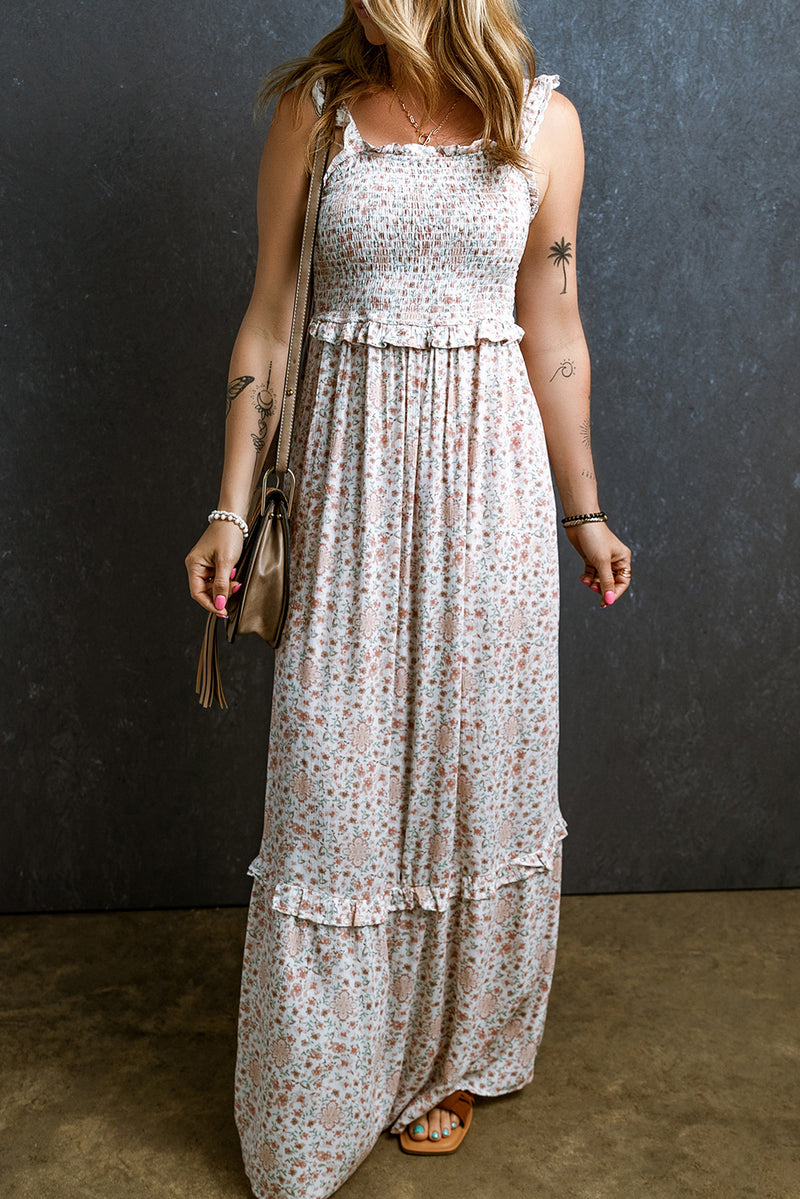 KaleaBoutique Lace Frilly Straps Shirred Floral Maxi Dress - KaleaBoutique.com