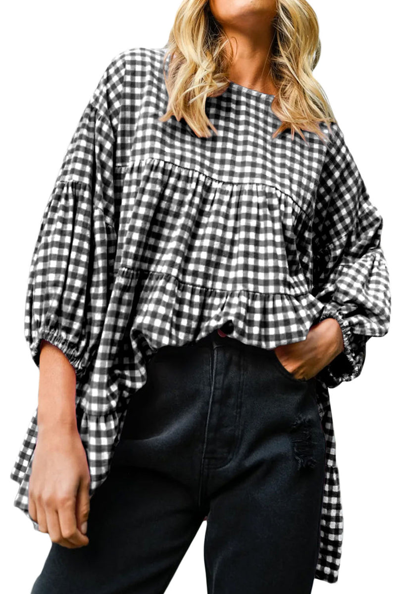 KaleaBoutique Checkered Puff Sleeve Tiered Loose Babydoll Blouse - KaleaBoutique.com